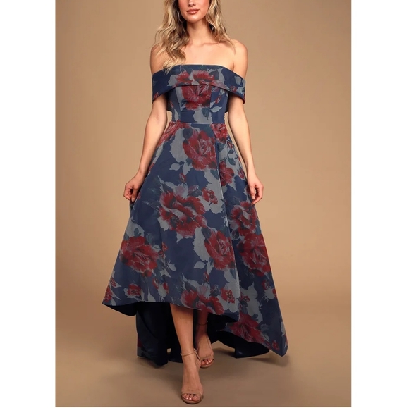 Lulus Dresses & Skirts - Ava Seraphina Navy Floral Off-the-Shoulder Dress